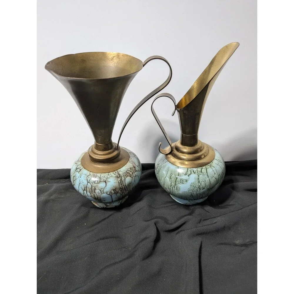 Vintage Holland Gouda Pottery Brass Pitchers Vases Pair